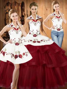 Wine Red Three Pieces Embroidery and Ruffled Layers 15 Quinceanera Dress Lace Up Satin and Organza Sleeveless With Train