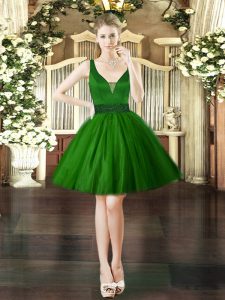 Dark Green Tulle Lace Up V-neck Sleeveless Mini Length Homecoming Dress Beading