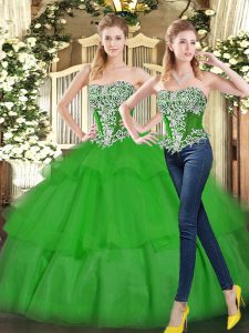 Hot Sale Green Sleeveless Floor Length Beading and Ruffled Layers Lace Up Quinceanera Dress