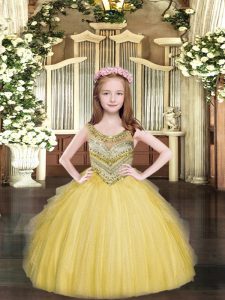 Gold Sleeveless Beading and Ruffles Floor Length Little Girl Pageant Gowns