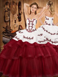 Lace Up Vestidos de Quinceanera Wine Red for Military Ball and Sweet 16 and Quinceanera with Embroidery and Ruffled Laye