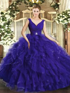Fine Purple Backless 15th Birthday Dress Beading and Ruffles Sleeveless Floor Length