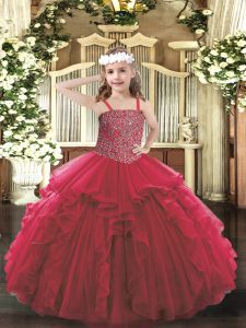 Hot Sale Red Lace Up Straps Beading and Ruffles Little Girl Pageant Dress Tulle Sleeveless