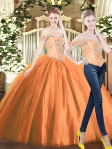Off The Shoulder Sleeveless Quinceanera Gown Floor Length Beading Orange Red Tulle