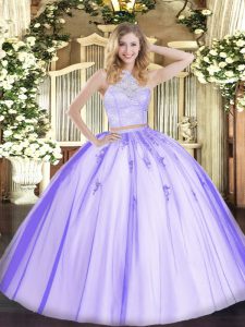 Lavender Sleeveless Floor Length Lace and Appliques Zipper 15th Birthday Dress