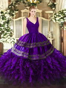 Dramatic V-neck Sleeveless Quinceanera Gown Floor Length Beading and Lace and Ruffles Purple Organza