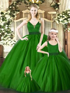 Ball Gowns Quinceanera Gowns Green V-neck Tulle Sleeveless Floor Length Zipper