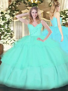 Attractive Apple Green Ball Gowns Spaghetti Straps Sleeveless Organza Floor Length Zipper Ruffled Layers Sweet 16 Dress