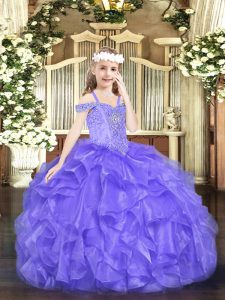 Lavender Off The Shoulder Lace Up Beading and Ruffles Little Girl Pageant Dress Sleeveless