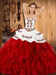 Fashionable Floor Length Wine Red 15 Quinceanera Dress Satin and Organza Sleeveless Embroidery and Ruffles