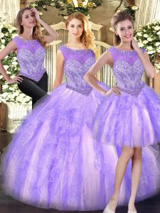 Ball Gowns 15th Birthday Dress Lilac Scoop Tulle Sleeveless Floor Length Zipper