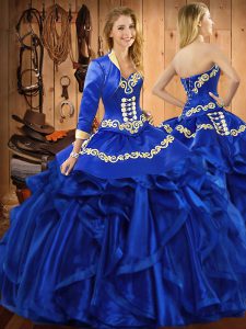 Fashionable Royal Blue Organza Lace Up Sweetheart Sleeveless Floor Length 15th Birthday Dress Embroidery and Ruffles