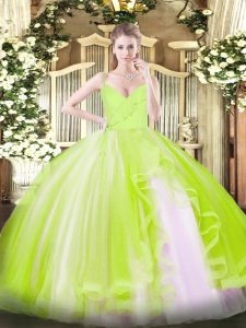 Tulle Spaghetti Straps Sleeveless Zipper Ruffles Ball Gown Prom Dress in Yellow Green