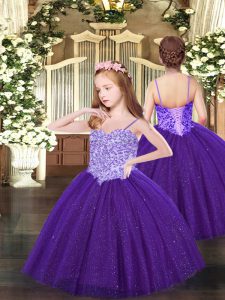 Purple Lace Up Spaghetti Straps Appliques Little Girl Pageant Gowns Tulle Sleeveless