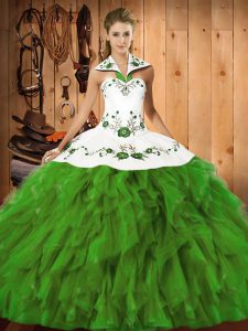 Super Olive Green Sleeveless Floor Length Embroidery and Ruffles Lace Up Quinceanera Gowns