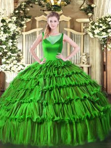 Modern Green Sleeveless Floor Length Beading and Ruffled Layers Side Zipper Quinceanera Gowns