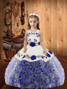 Multi-color Fabric With Rolling Flowers Lace Up Straps Sleeveless Floor Length Pageant Gowns For Girls Embroidery and Ru
