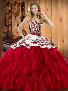 Fashion Wine Red Sleeveless Floor Length Embroidery and Ruffles Lace Up Sweet 16 Quinceanera Dress