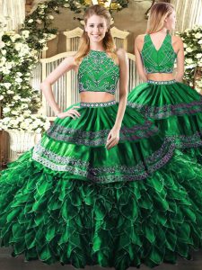 Dark Green Quinceanera Gowns Military Ball and Sweet 16 and Quinceanera with Beading and Ruffles High-neck Sleeveless Zi