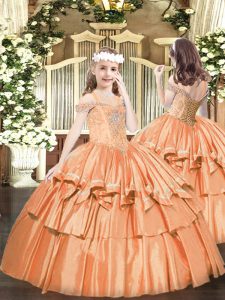 Sleeveless Organza Floor Length Lace Up Girls Pageant Dresses in Orange with Beading and Ruffled Layers