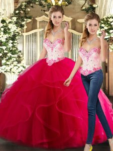 Hot Pink Lace Up Ball Gown Prom Dress Beading and Ruffles Sleeveless Floor Length