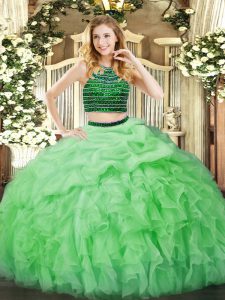 Apple Green Sleeveless Floor Length Beading and Ruffles Zipper Quinceanera Gown