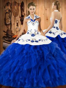 Blue And White Lace Up Quinceanera Dresses Embroidery and Ruffles Sleeveless Floor Length