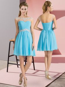 Trendy Scoop Cap Sleeves Prom Dresses Mini Length Beading Aqua Blue Chiffon