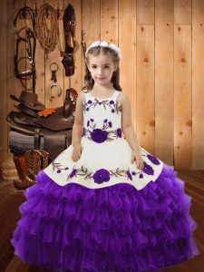 Glorious Eggplant Purple Kids Pageant Dress Sweet 16 and Quinceanera with Embroidery and Ruffled Layers Straps Sleeveles