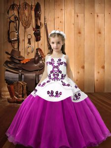 Sleeveless Organza Floor Length Zipper Pageant Dress for Teens in Fuchsia with Embroidery