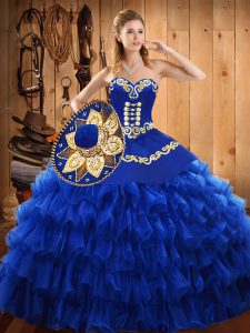 Dynamic Blue Ball Gowns Embroidery and Ruffled Layers 15 Quinceanera Dress Lace Up Tulle Sleeveless Floor Length