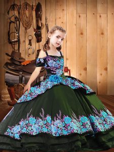 Amazing Black Short Sleeves Organza Brush Train Lace Up Glitz Pageant Dress for Military Ball and Sweet 16 and Quinceane