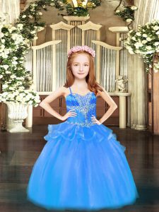 Cheap Ball Gowns Pageant Gowns For Girls Baby Blue Spaghetti Straps Organza Sleeveless Floor Length Lace Up