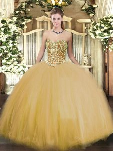 Popular Gold Tulle Lace Up Sweetheart Sleeveless Floor Length Quinceanera Dress Beading