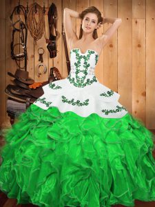 Strapless Sleeveless Ball Gown Prom Dress Floor Length Embroidery and Ruffles Green Satin and Organza