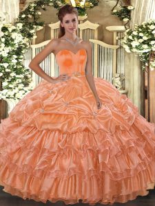 Adorable Orange Ball Gowns Organza Sweetheart Sleeveless Beading and Ruffled Layers Floor Length Lace Up Sweet 16 Quince