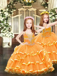 Latest Orange Spaghetti Straps Lace Up Beading and Ruffled Layers Pageant Dress for Teens Sleeveless