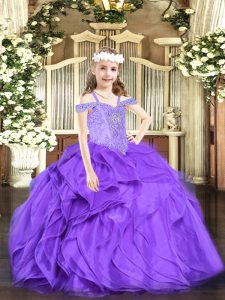 Lavender Lace Up Little Girl Pageant Dress Beading and Ruffles Sleeveless Floor Length
