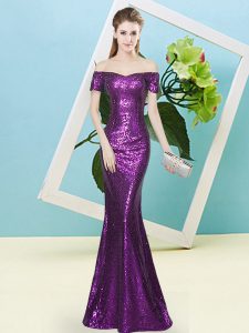 Mermaid Prom Dress Purple Off The Shoulder Sequined Short Sleeves Floor Length Zipper