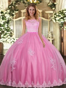 Affordable Rose Pink Scoop Clasp Handle Lace and Appliques Quinceanera Dresses Sleeveless