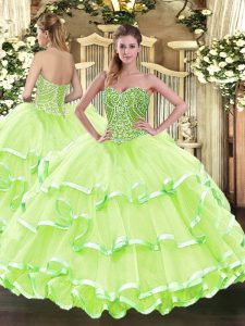 Hot Sale Yellow Green Sweetheart Lace Up Beading and Ruffled Layers Ball Gown Prom Dress Sleeveless