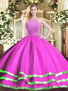 Graceful Halter Top Sleeveless 15th Birthday Dress Floor Length Beading Fuchsia Tulle