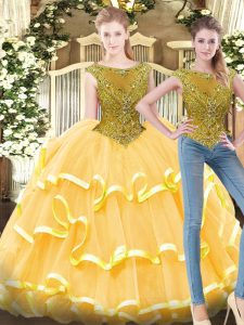 Colorful Gold Ball Gowns Tulle Bateau Sleeveless Beading and Ruffled Layers Floor Length Zipper 15th Birthday Dress