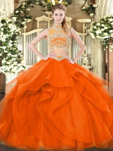 Unique Orange Red Sleeveless Tulle Backless Vestidos de Quinceanera for Military Ball and Sweet 16 and Quinceanera