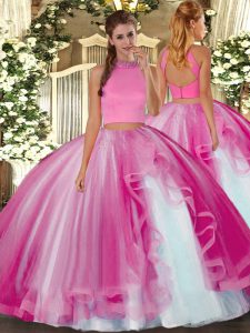 Fabulous Floor Length Backless 15 Quinceanera Dress Hot Pink for Military Ball and Sweet 16 and Quinceanera with Beading
