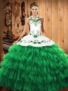 Custom Fit Ball Gowns Quince Ball Gowns Green Halter Top Satin and Organza Long Sleeves Floor Length Lace Up