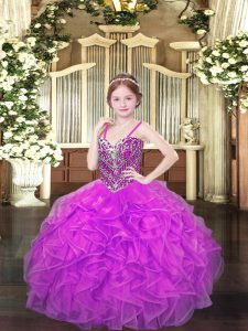 Lilac Ball Gowns Spaghetti Straps Sleeveless Organza Floor Length Lace Up Beading and Ruffles Kids Formal Wear