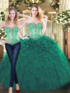Green Two Pieces Sweetheart Sleeveless Organza Floor Length Lace Up Beading and Ruffles 15 Quinceanera Dress
