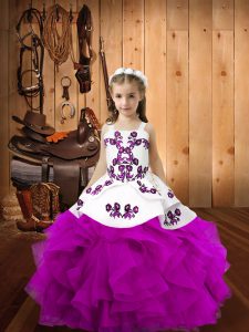 Fashionable Fuchsia Straps Neckline Embroidery and Ruffles Pageant Gowns For Girls Sleeveless Lace Up