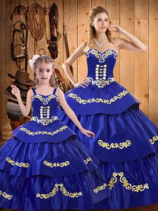 New Arrival Royal Blue Ball Gowns Taffeta Sweetheart Sleeveless Embroidery and Ruffled Layers Floor Length Lace Up Quinc